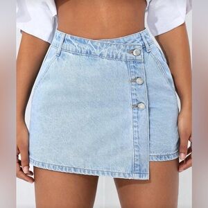 Light Blue Denim Mini Skort with Pockets, Size 10